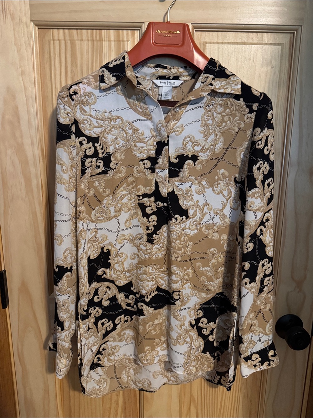 White House Black Market Black, White & Tan Baroque-Print Button Down